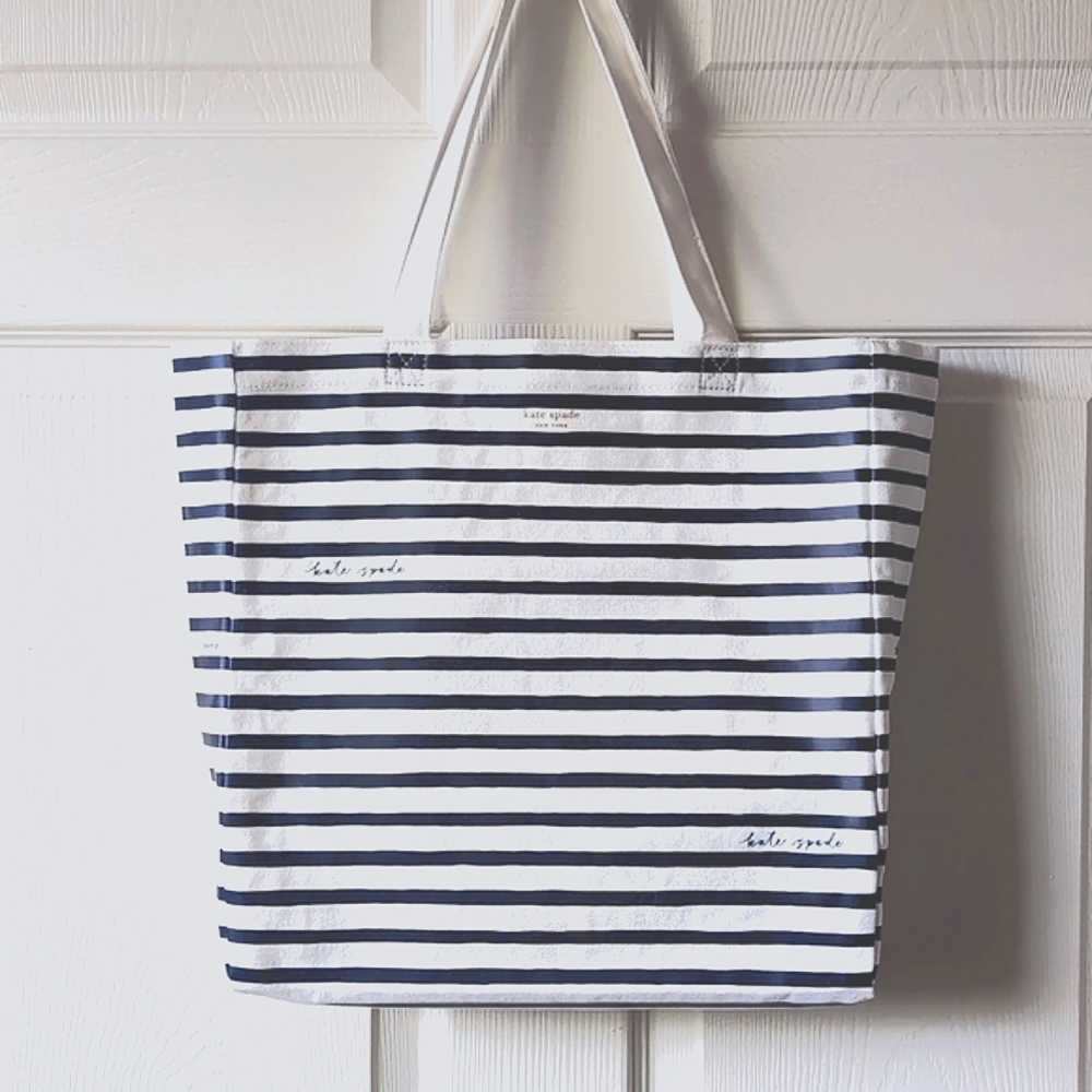 ♠️ Kate Spade New York Canvas White with Navy Blue Stripes Tote